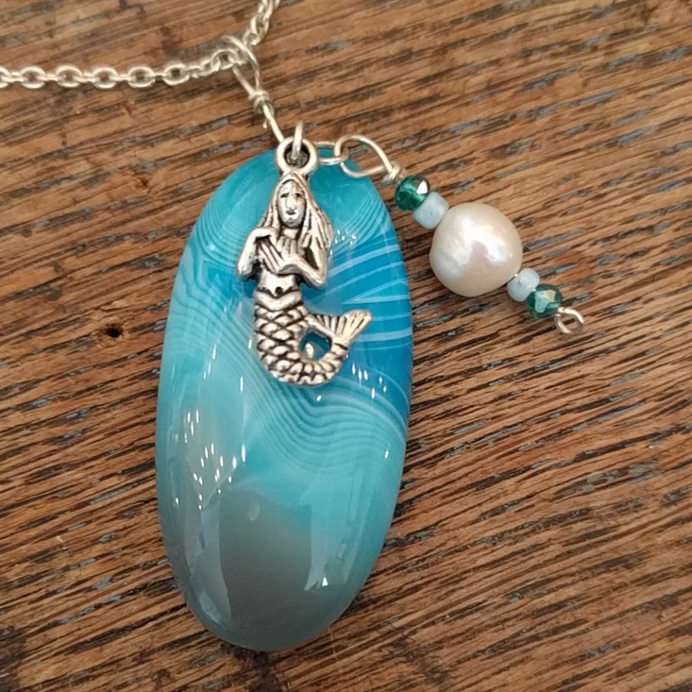 🌙 Mermaid Agate Pearl Necklace Silver Chain Nautical Ocean Blue Handmade Boho